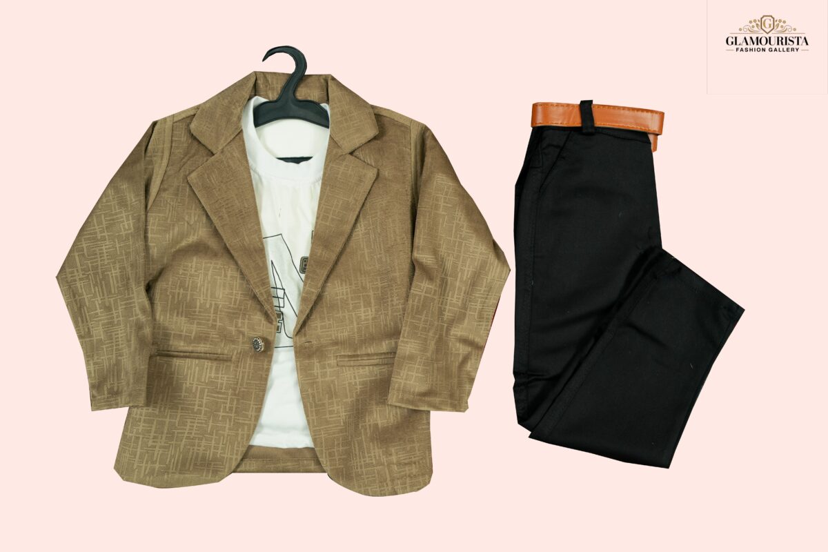 Blezer Set-3Pis set( Khaki Blezer, Full pant, half sleeves t-shirt) - Image 1