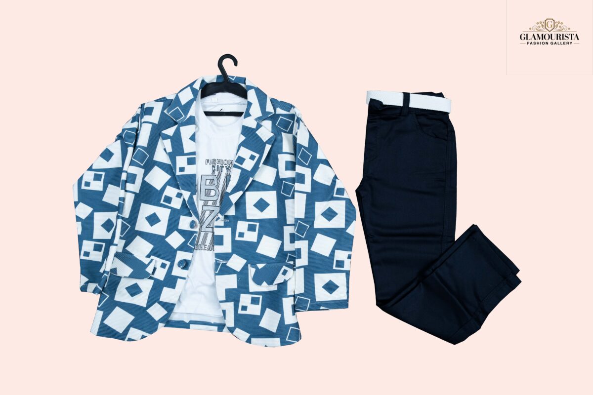 Blezer set-3pis set(Blezer, sleeveless t-shirt pant) Blue - Image 1