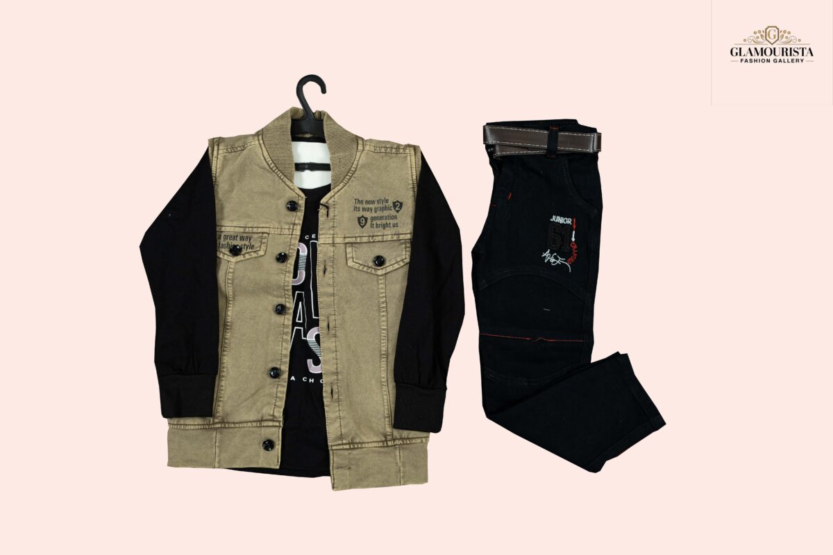 Coty full Sleeves set-3pis set ( Full sleeves t-shirt, Half sleeves koti, Full pant) Khaki - Image 1