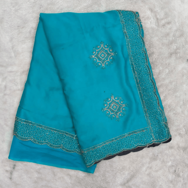 Cyan Blue Silk Fabric Saree with Zarkan Work